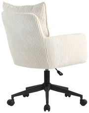 Rückansicht eines cremefarbenen Drehstuhls mit geripptem Stoffbezug und schwarzem Fußgestell auf Rollen.