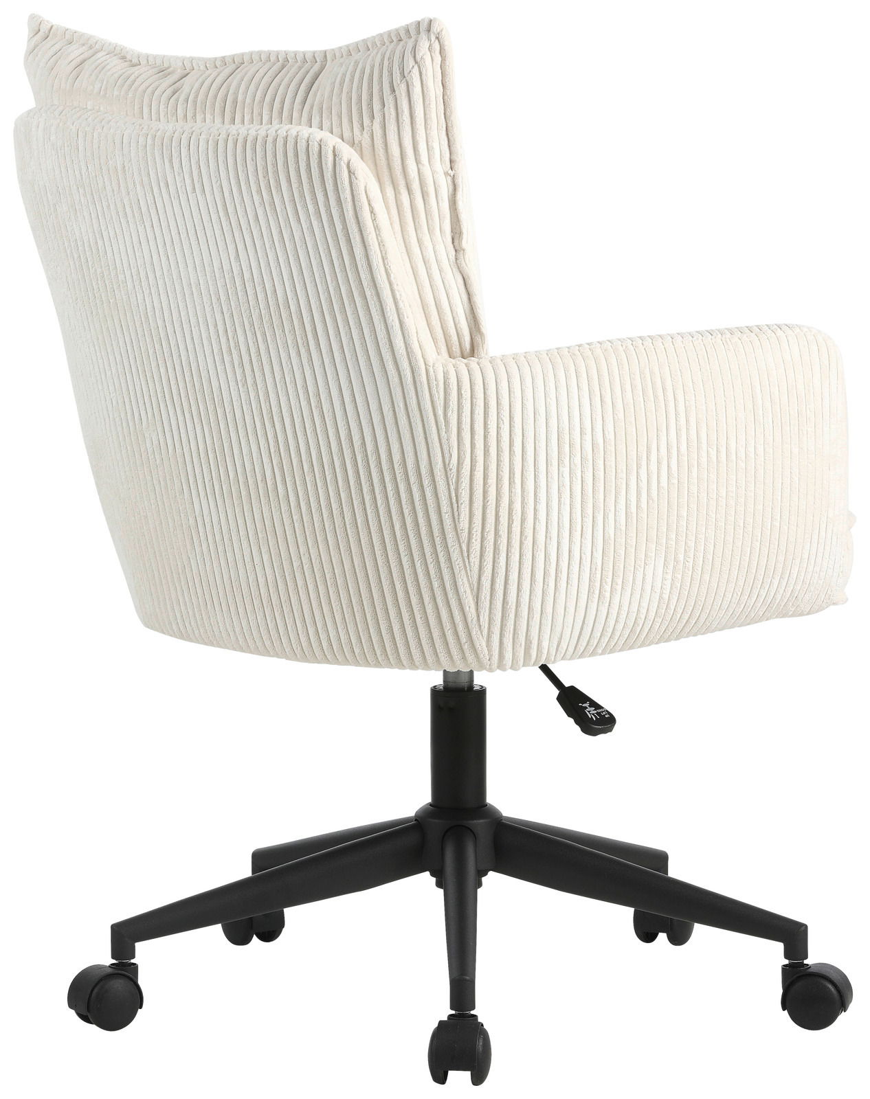 Rückansicht eines cremefarbenen Drehstuhls mit geripptem Stoffbezug und schwarzem Fußgestell auf Rollen.