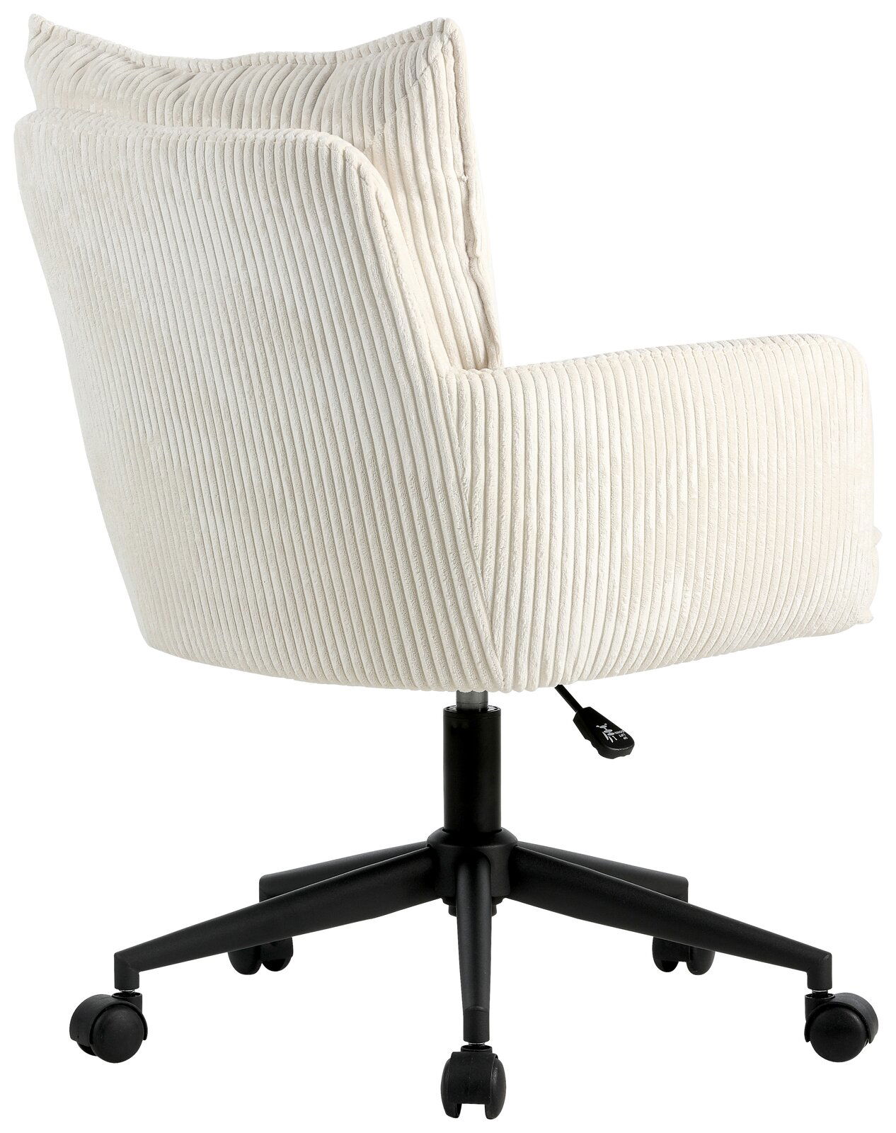 Rückansicht eines cremefarbenen Drehstuhls mit geripptem Stoffbezug und schwarzem Fußgestell auf Rollen.