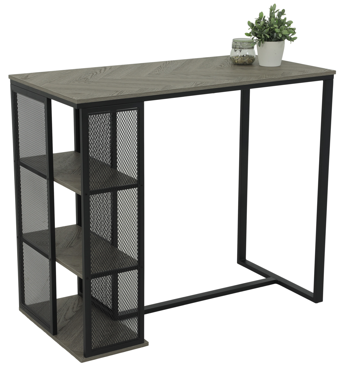 Z2 Bar KLARA Moderner Bartisch mit Metallrahmen und Holzoberfläche, seitliche Regale mit Gitterdesign, Perspektive von schräg vorne.