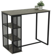 Moderner Bartisch mit Metallrahmen und Holzoberfläche, seitliche Regale mit Gitterdesign, Perspektive von schräg vorne.