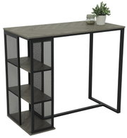 Moderner Bartisch mit Metallrahmen und Holzoberfläche, seitliche Regale mit Gitterdesign, Perspektive von schräg vorne.