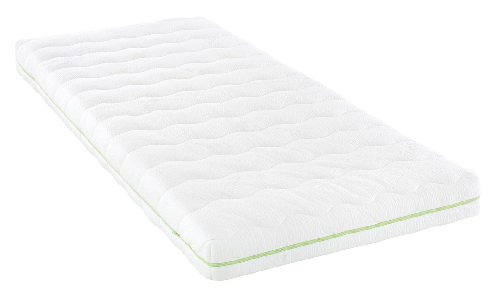 Weiße Jugendmatratze 140x200 cm mit grünem Reißverschluss, schräg von der Seite fotografiert.