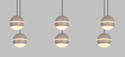 Drei moderne LED-Pendelleuchten in Kugelform, von der Seite betrachtet, mit einem eleganten, minimalistischen Design in Grau und Weiß.