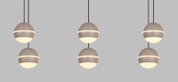 Drie moderne LED-hanglampen in bolvorm, gezien vanaf de zijkant, met een elegant, minimalistisch ontwerp in grijs en wit.