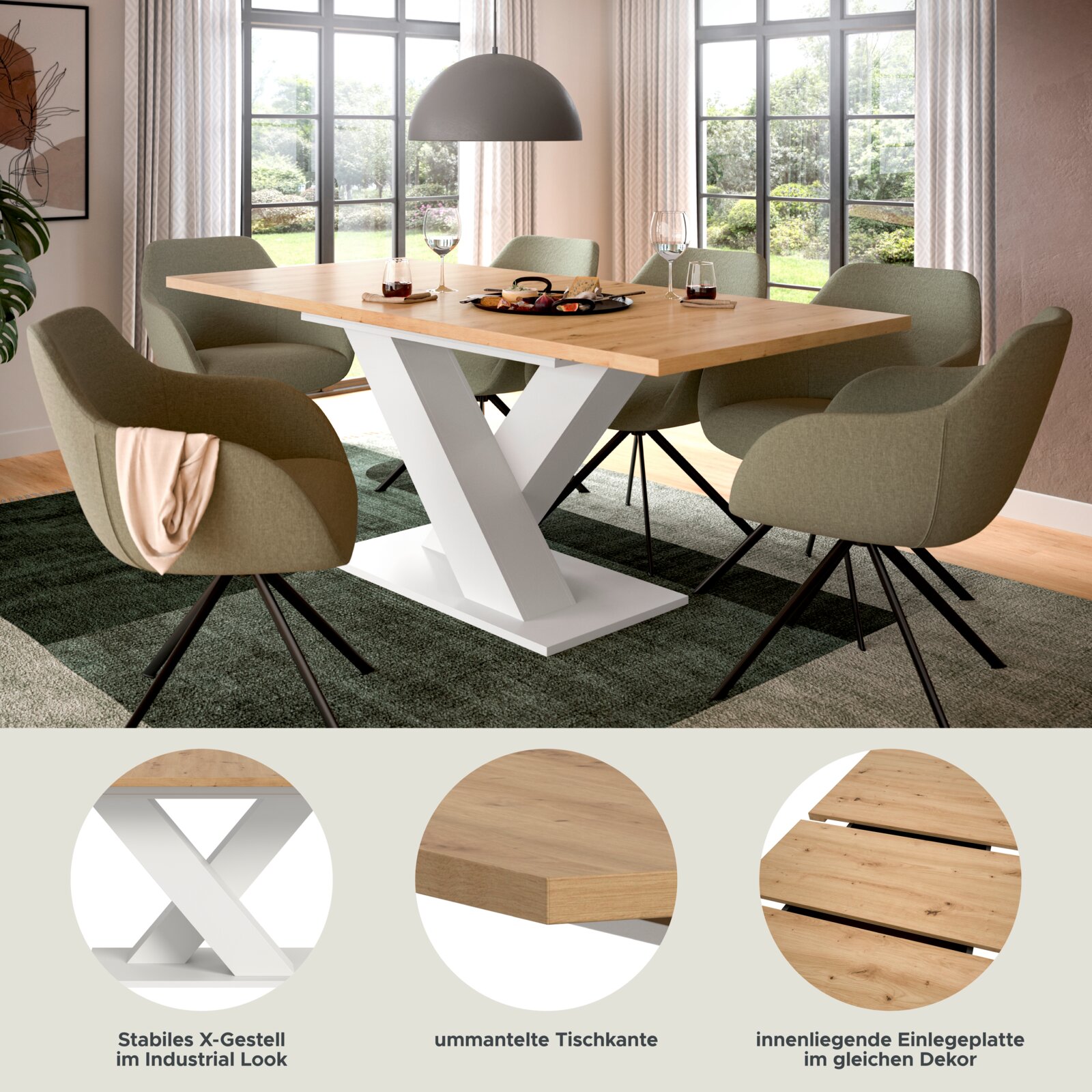Moderner Esstisch mit stabilem X-Gestell im Industrial Look, ummantelter Tischkante und innenliegender Einlegeplatte, umgeben von stilvollen Stühlen in einem hellen Esszimmer mit Blick auf den Garten.