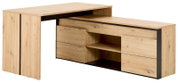 Moderner Schreibtisch mit integriertem Sideboard in heller Eichenoptik, vier grifflosen Schubladen, offenen Ablagefächern und schwarzen Akzenten, schräg von vorne abgebildet