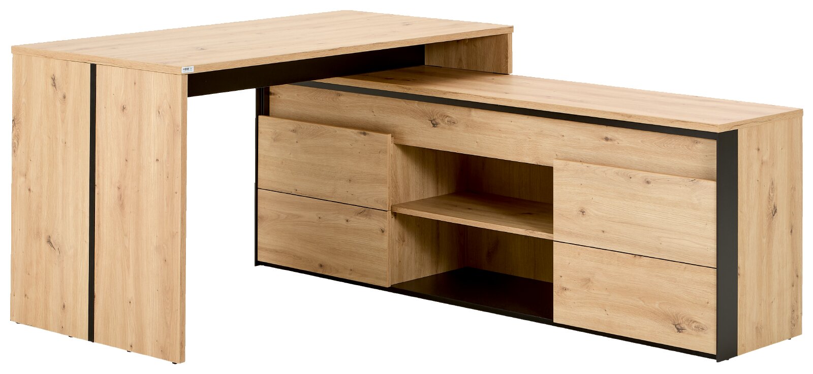 Moderner Schreibtisch mit integriertem Sideboard in heller Eichenoptik, vier grifflosen Schubladen, offenen Ablagefächern und schwarzen Akzenten, schräg von vorne abgebildet