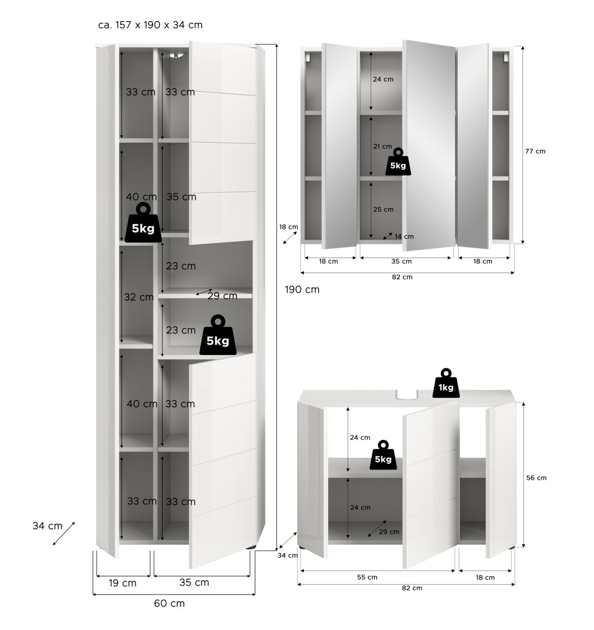 Badkombination bestehend aus einem hohen Schrank, einem Spiegelschrank und einem Waschtischunterschrank, alle in weißem Design. Der hohe Schrank hat mehrere Fächer mit unterschiedlichen Höhen, der Spiegelschrank hat drei Türen und der Waschtischunterschra
