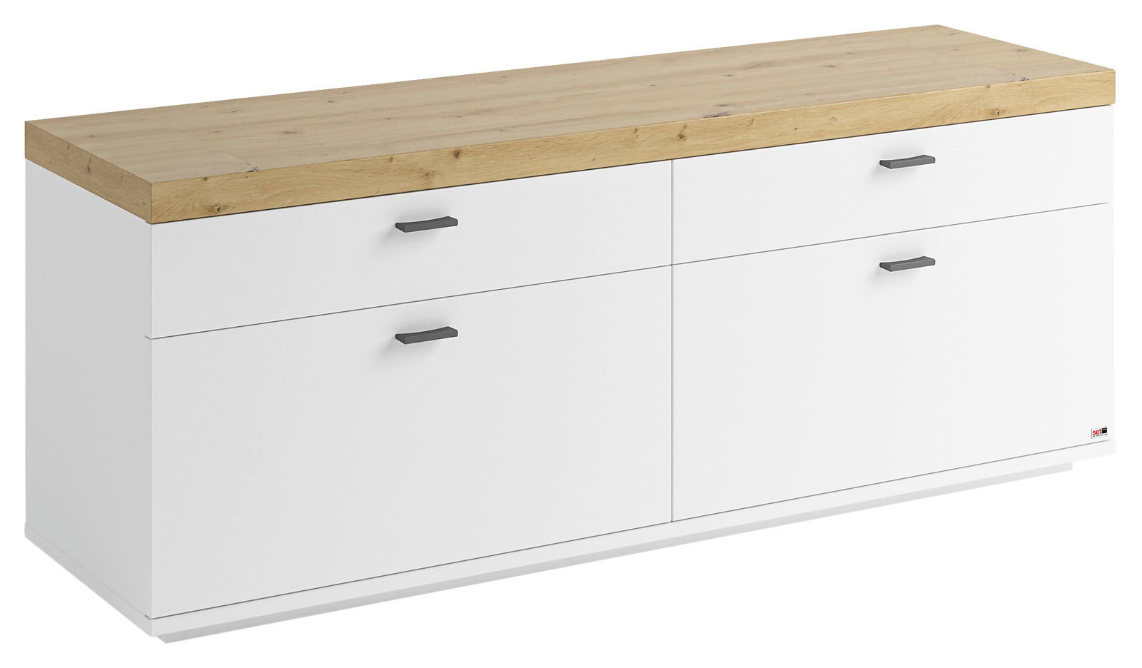 Weißes TV-Lowboard mit Holzoberfläche und vier Schubladen, seitliche Perspektive