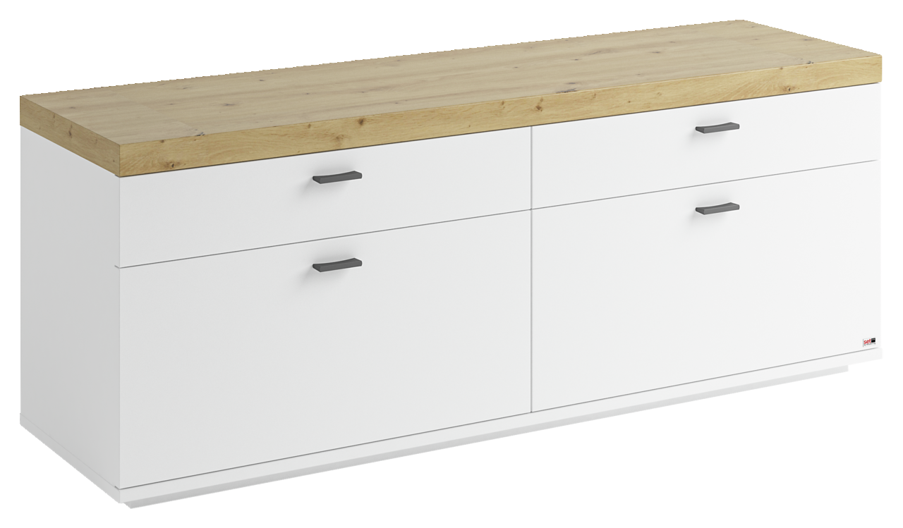 Weißes TV-Lowboard mit Holzoberfläche und vier Schubladen, seitliche Perspektive