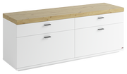 Weißes TV-Lowboard mit Holzoberfläche und vier Schubladen, seitliche Perspektive