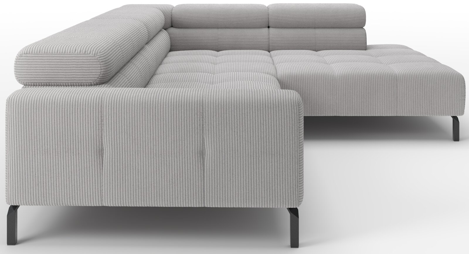 Lichtgrijze ribcord hoekbank met chaise longue en zwarte metalen poten, getoond in zijaanzicht linksvoor op witte achtergrond