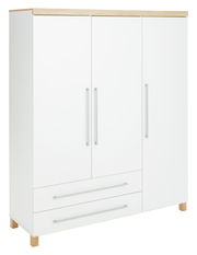 Dreitüriger Kleiderschrank in Weiß mit Holzdetails, Frontansicht