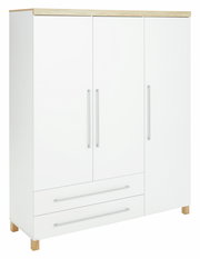 Dreitüriger Kleiderschrank in Weiß mit Holzdetails, Frontansicht