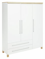Dreitüriger Kleiderschrank in Weiß mit Holzdetails, Frontansicht