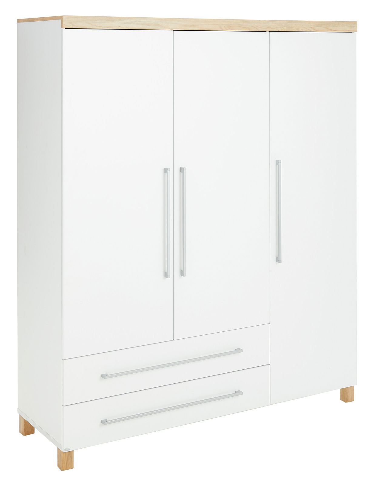 Dreitüriger Kleiderschrank in Weiß mit Holzdetails, Frontansicht