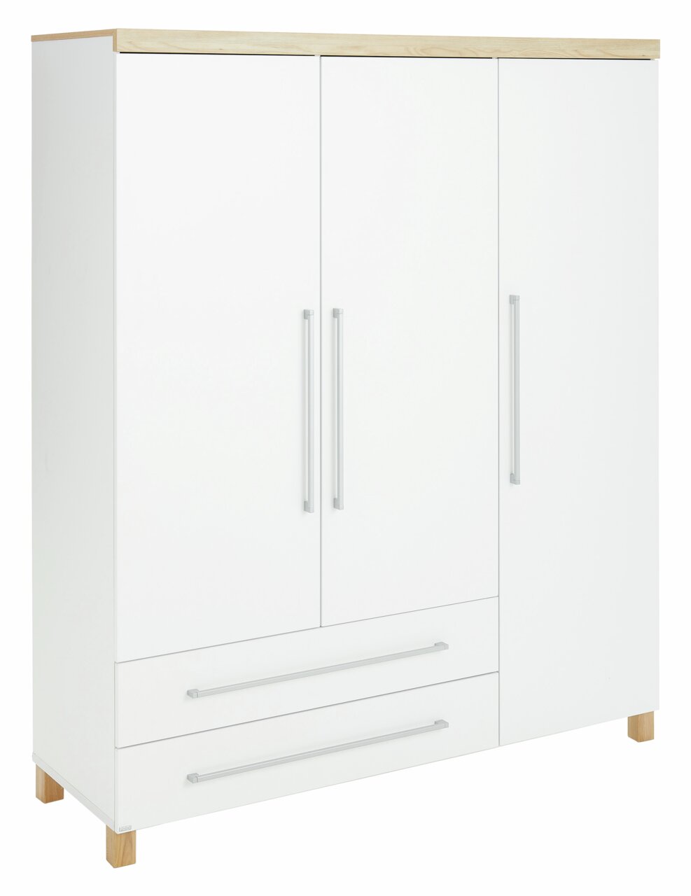 Dreitüriger Kleiderschrank in Weiß mit Holzdetails, Frontansicht