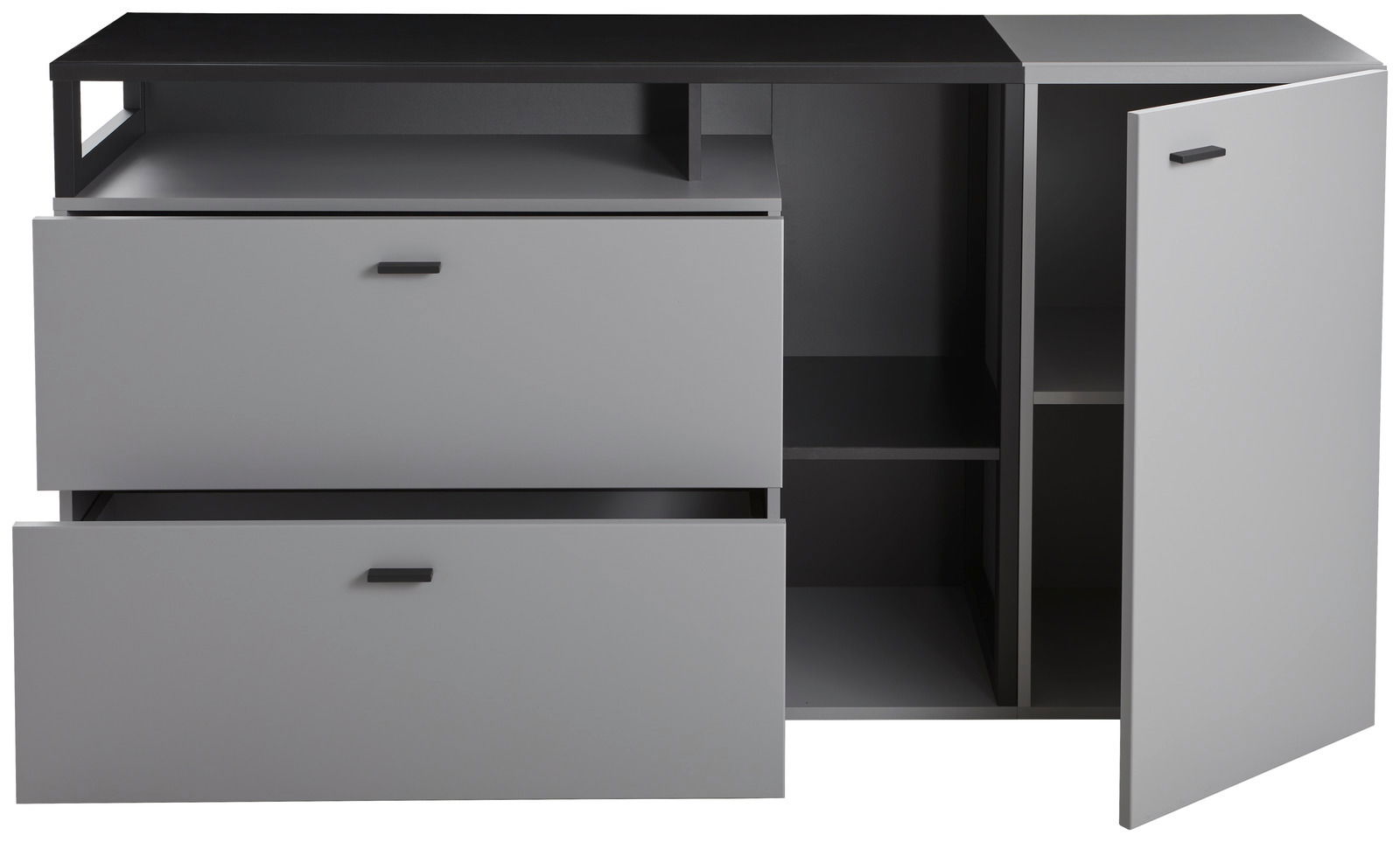 Modernes Sideboard mit zwei offenen Schubladen und einer geöffneten Tür, seitliche Perspektive