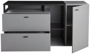 Modernes Sideboard mit zwei offenen Schubladen und einer geöffneten Tür, seitliche Perspektive