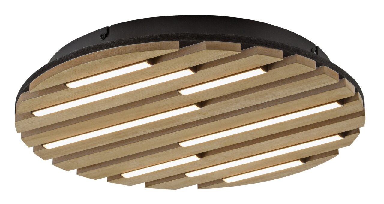 Moderne Deckenleuchte aus Holz mit horizontalen Streben, seitliche Perspektive