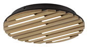 Moderne plafondlamp van hout met horizontale spanten, zijaanzicht