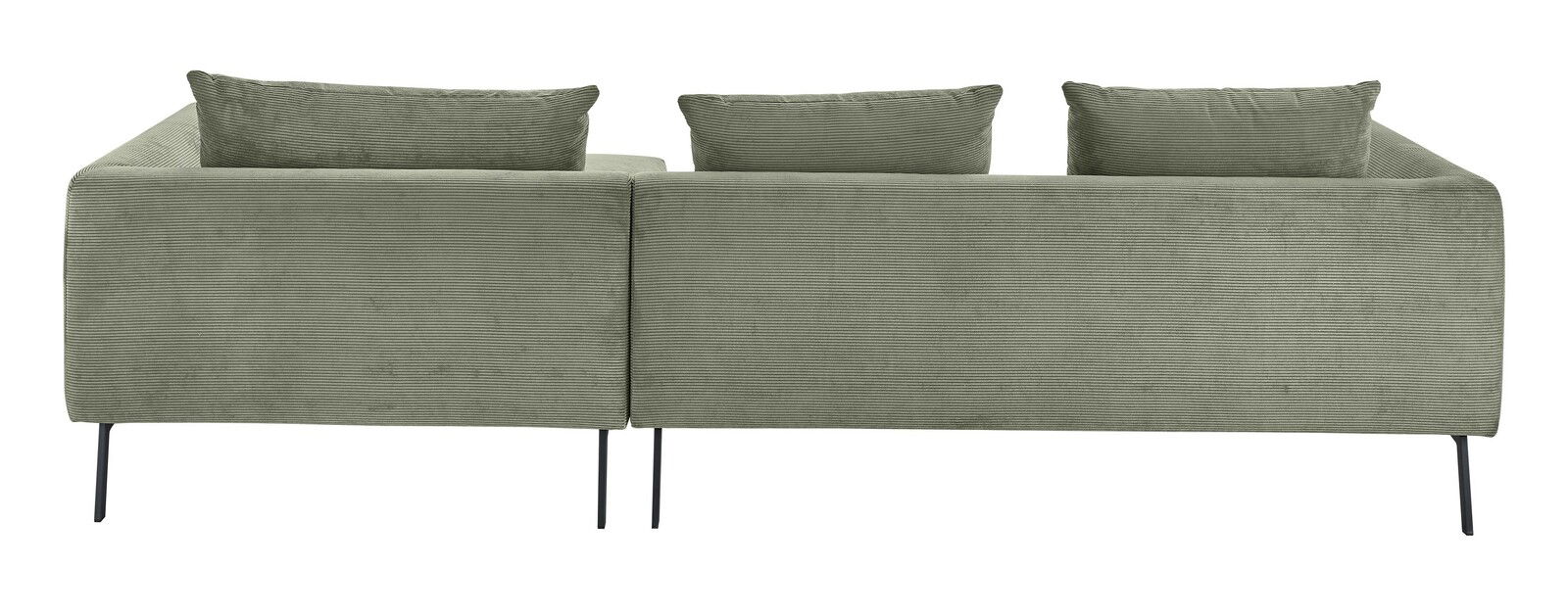 Rückansicht eines grünen, modernen Rundecksofas mit drei Kissen und schlanken schwarzen Beinen.