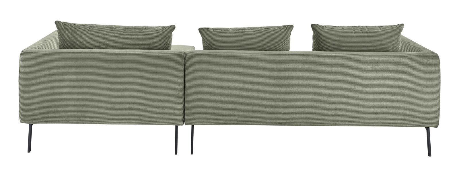 Rückansicht eines grünen, modernen Rundecksofas mit drei Kissen und schlanken schwarzen Beinen.