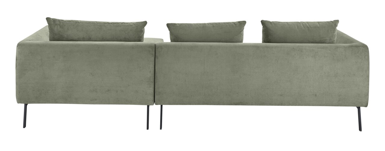 Rückansicht eines grünen, modernen Rundecksofas mit drei Kissen und schlanken schwarzen Beinen.