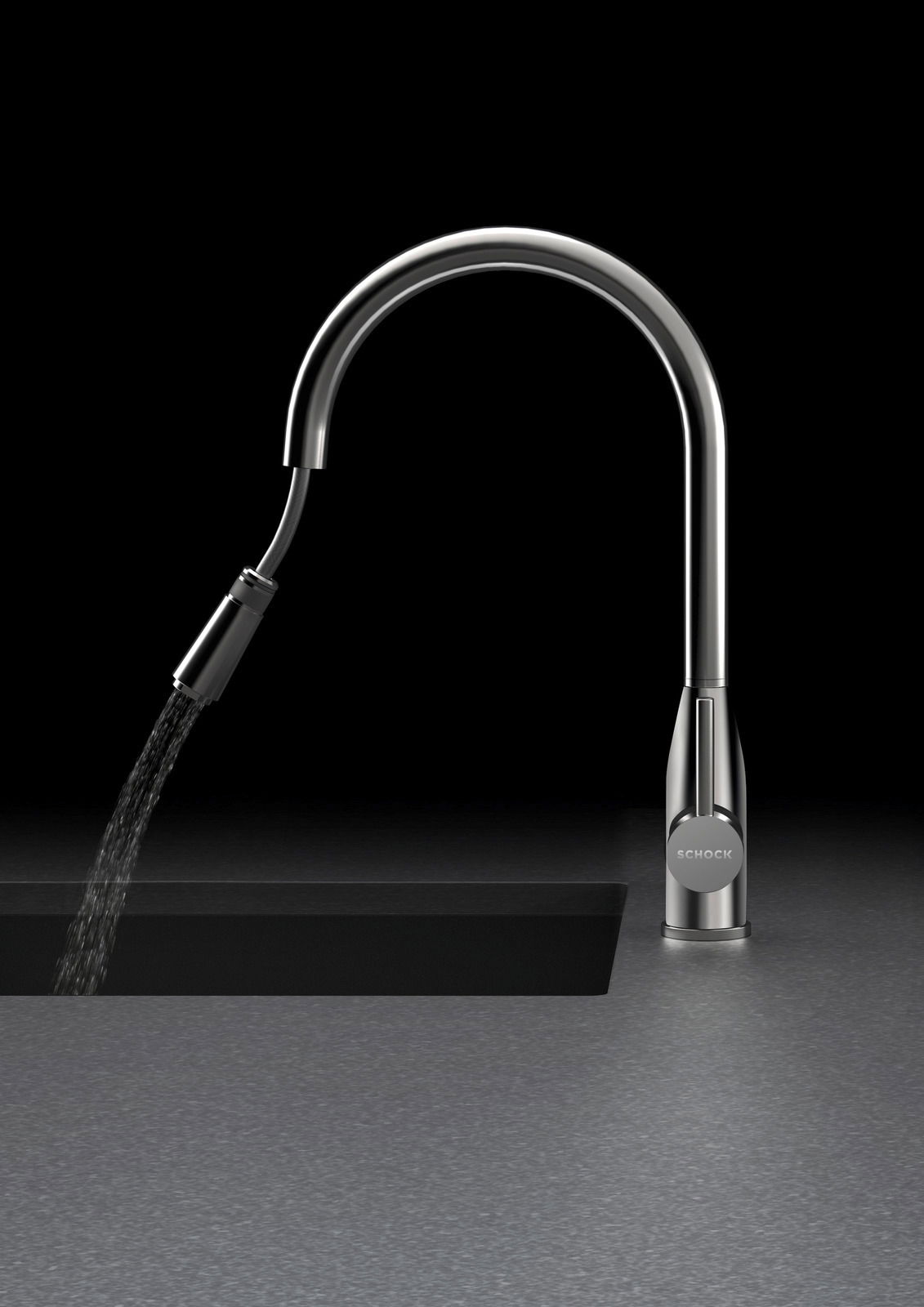 Zurbrüggen Einhebelmischer KAVUS Moderner Einhebelmischer aus Edelstahl mit gebogenem Auslauf, seitlicher Perspektive, Wasser fließt in ein Waschbecken.