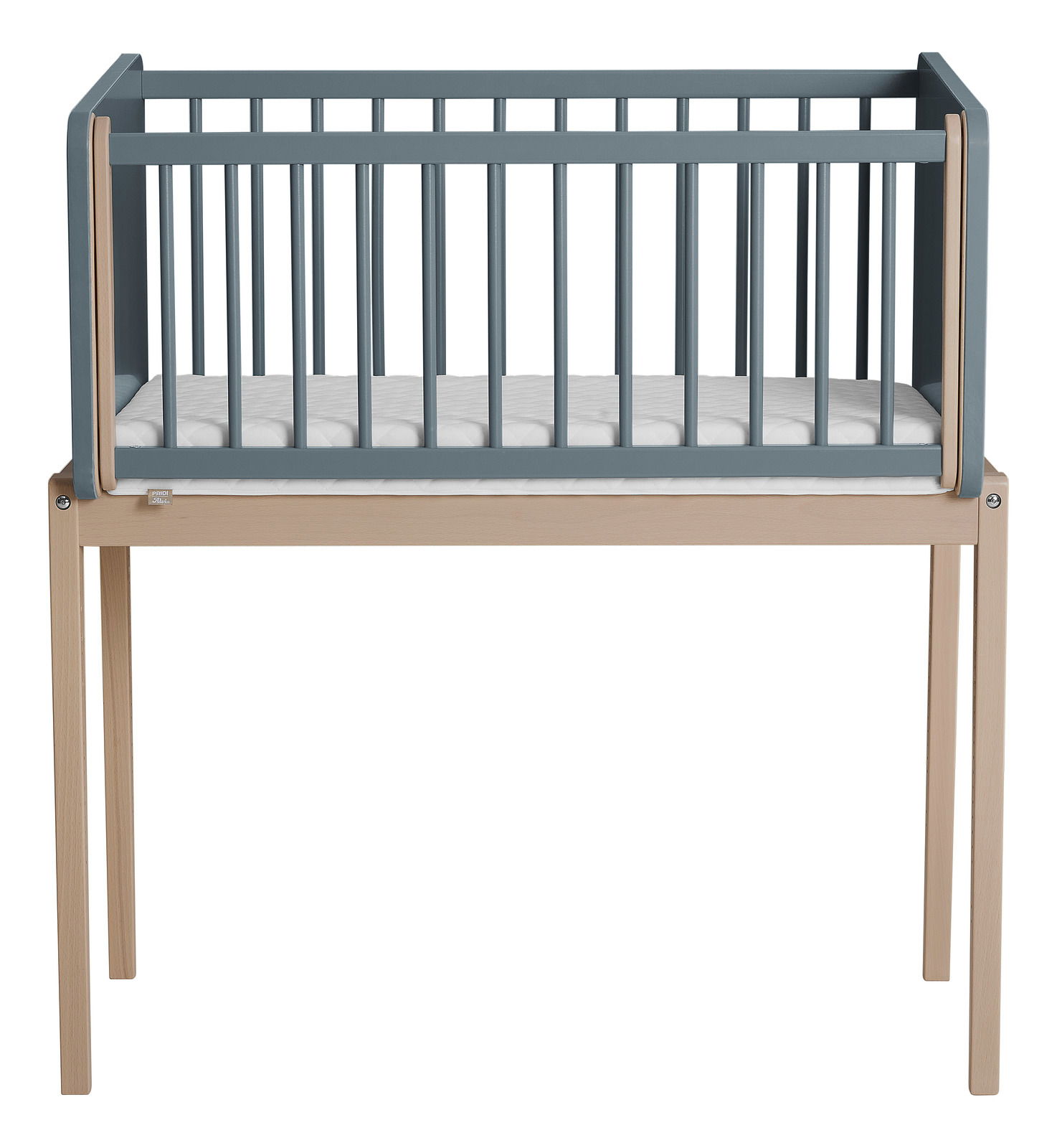 Anstellbett aus Holz mit grauen Gitterstäben, frontal betrachtet.