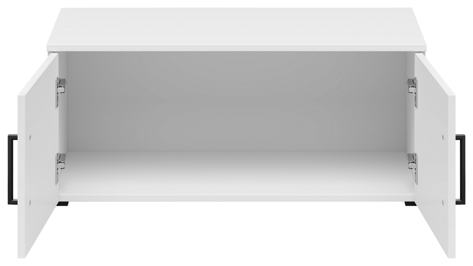 Weißer Aufsatzschrank mit geöffneten Türen, Frontalansicht