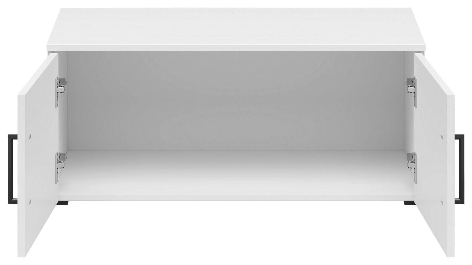 Weißer Aufsatzschrank mit geöffneten Türen, Frontalansicht