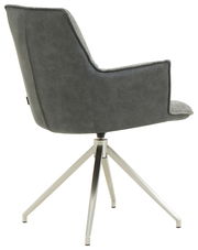 Rückansicht eines modernen Sessels mit grauem Stoffbezug und Metallbeinen.