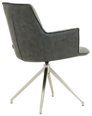 Rückansicht eines modernen Sessels mit grauem Stoffbezug und Metallbeinen.