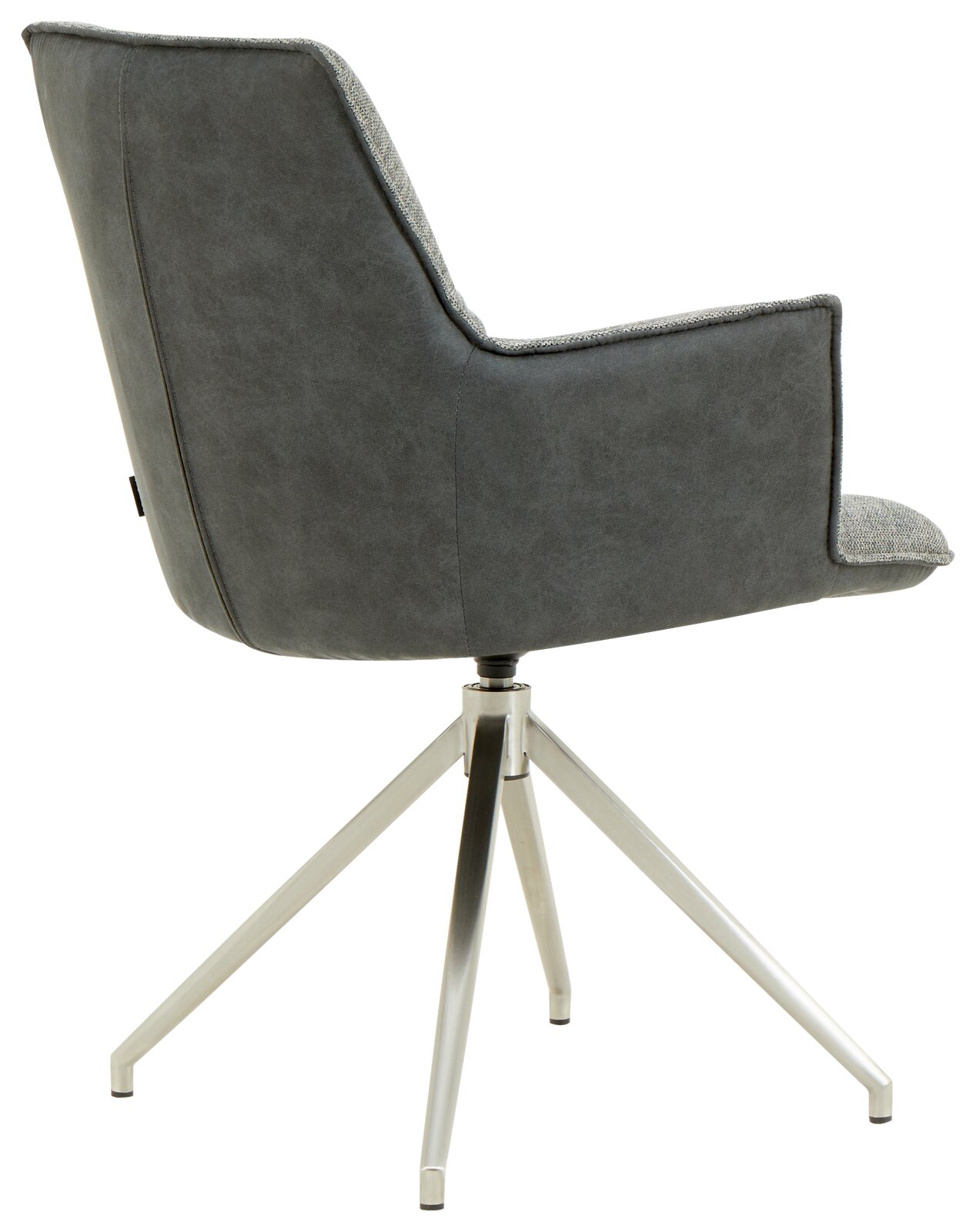 Rückansicht eines modernen Sessels mit grauem Stoffbezug und Metallbeinen.