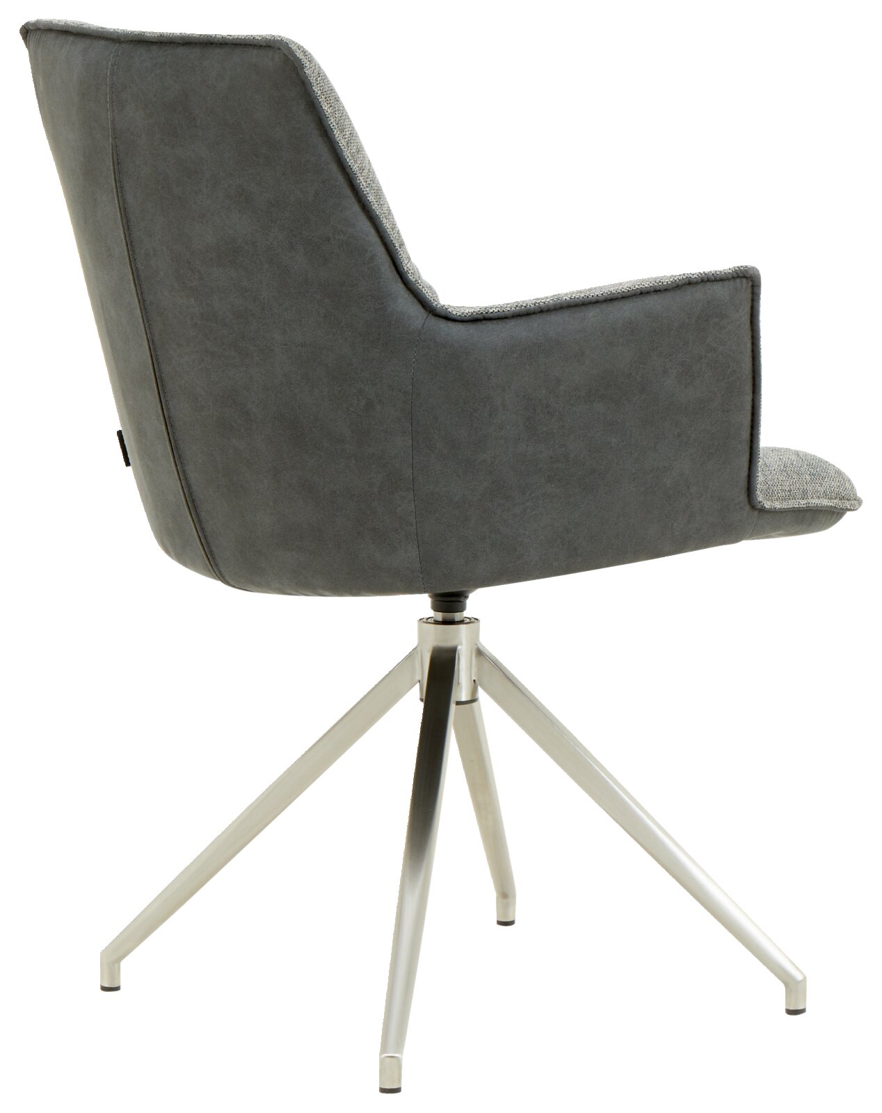 Rückansicht eines modernen Sessels mit grauem Stoffbezug und Metallbeinen.