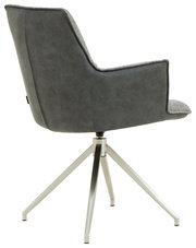 Rückansicht eines modernen Sessels mit grauem Stoffbezug und Metallbeinen.