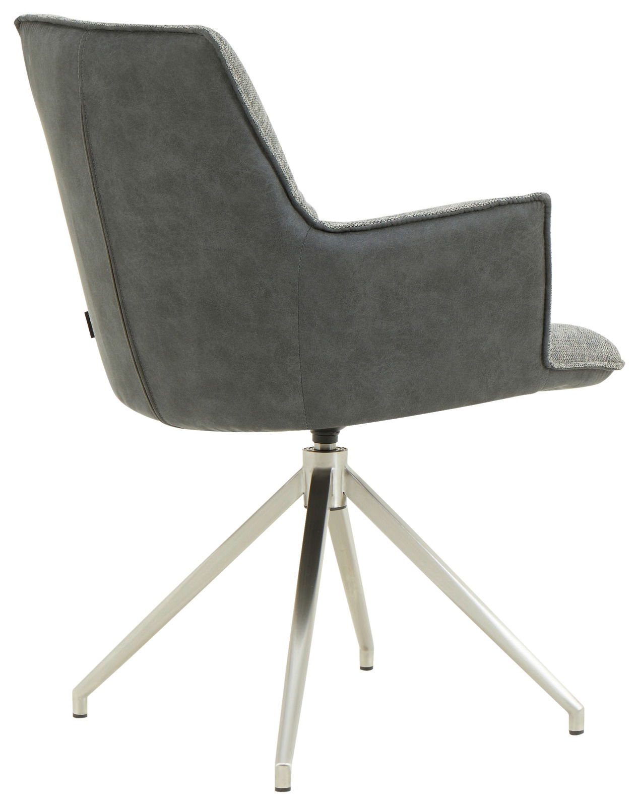 Rückansicht eines modernen Sessels mit grauem Stoffbezug und Metallbeinen.