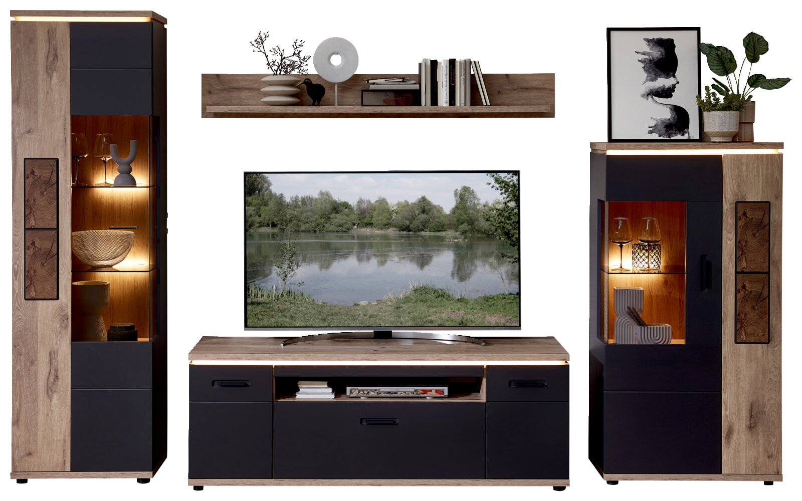 Wohnwand-Set in Holzoptik und Anthrazit mit LED-Beleuchtung: TV-Lowboard, Wandregal und zwei Vitrinen mit Glasfächern, frontal aus leicht erhöhter Perspektive dargestellt.