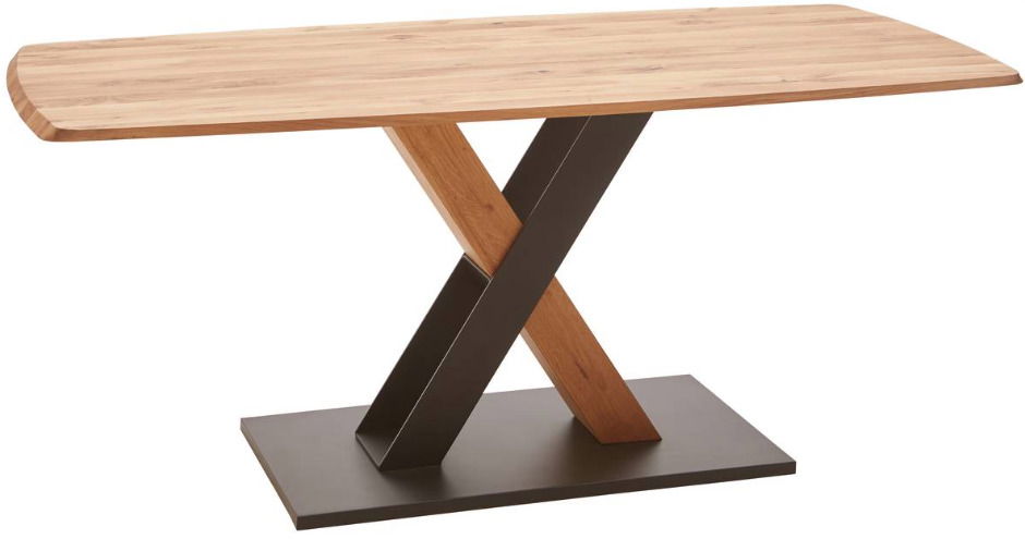 Moderner Esstisch mit Holzplatte und gekreuztem Metallgestell, seitliche Perspektive