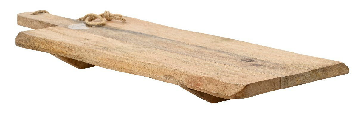 Rustikales Serviertablett aus Holz mit Seilgriff, seitliche Perspektive