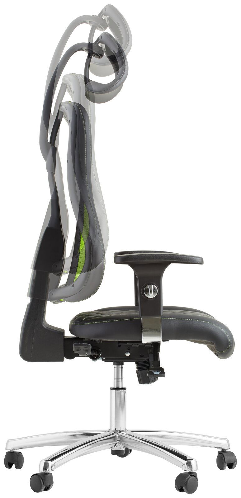 Seitenansicht eines Gaming-Stuhls mit verstellbarer Kopfstütze und ergonomischem Design.