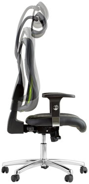 Seitenansicht eines Gaming-Stuhls mit verstellbarer Kopfstütze und ergonomischem Design.