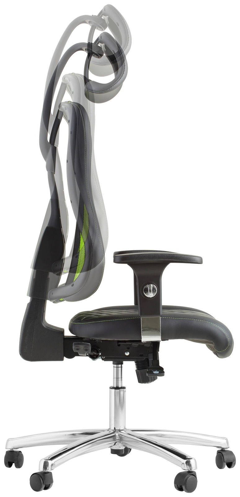 Seitenansicht eines Gaming-Stuhls mit verstellbarer Kopfstütze und ergonomischem Design.