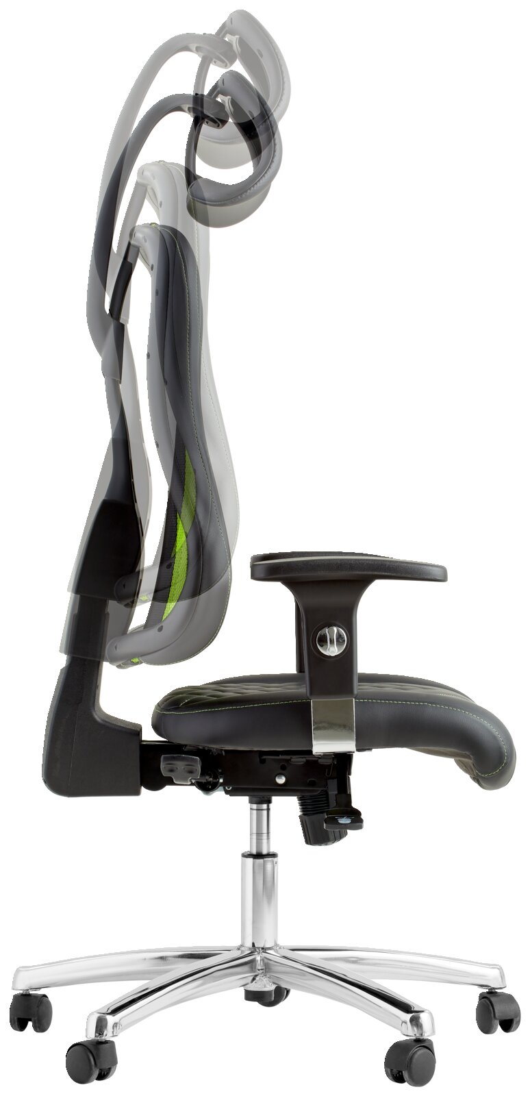 Zijaanzicht van een gamingstoel met verstelbare hoofdsteun en een ergonomisch ontwerp.