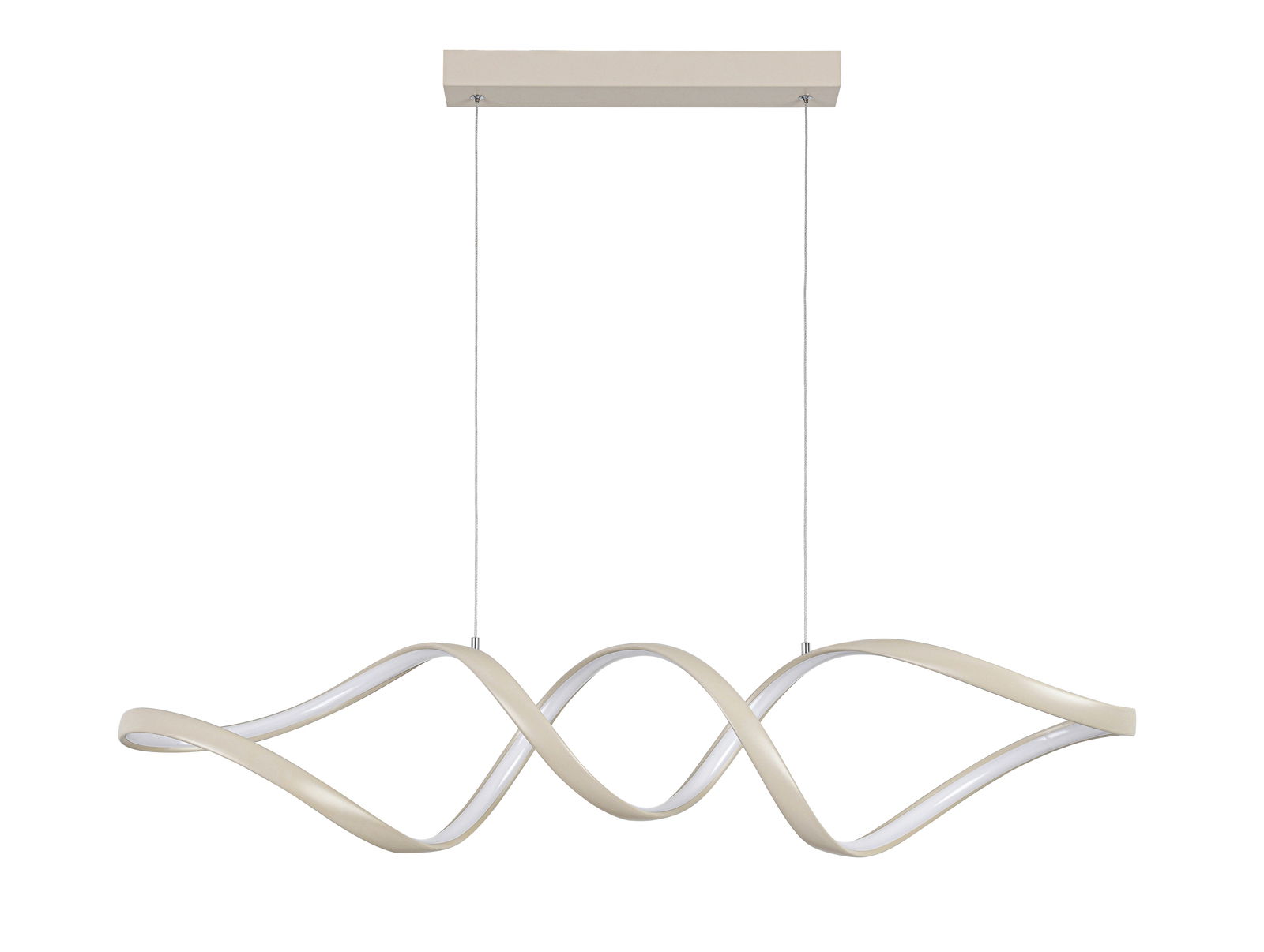 Moderne LED-Hängeleuchte mit geschwungenem Design, seitliche Perspektive