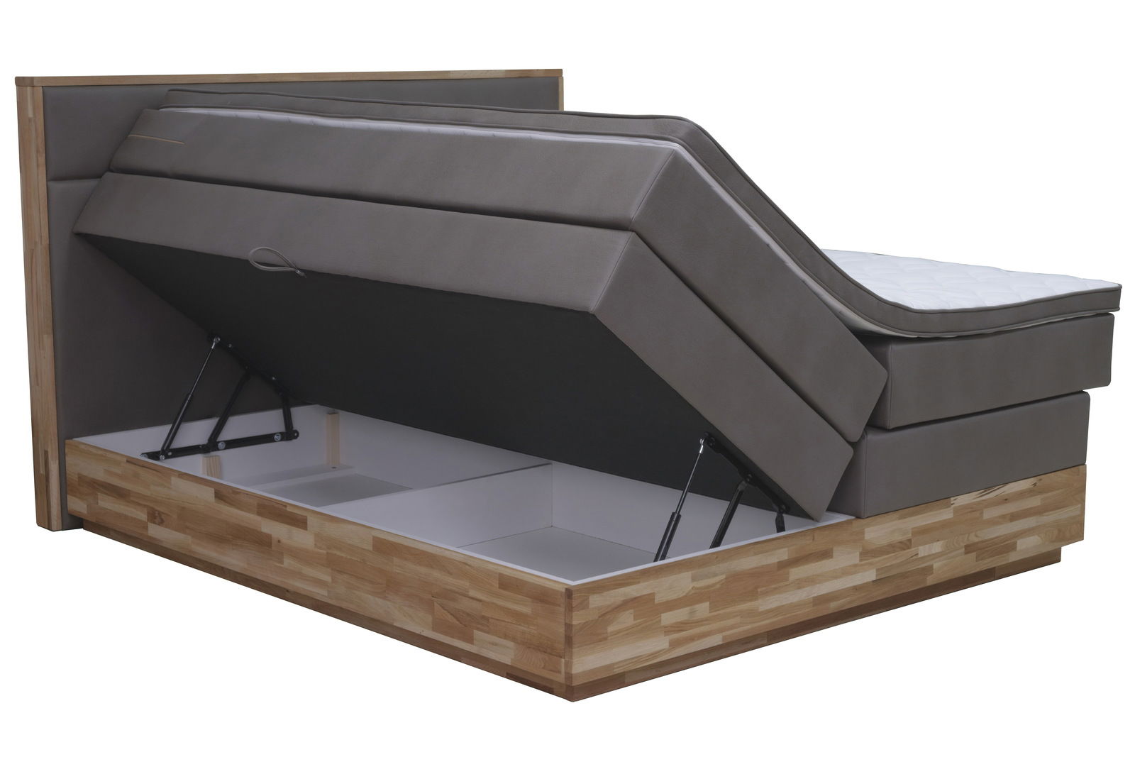 Boxspringbett mit hochgeklappter Matratze und Stauraum, seitliche Perspektive