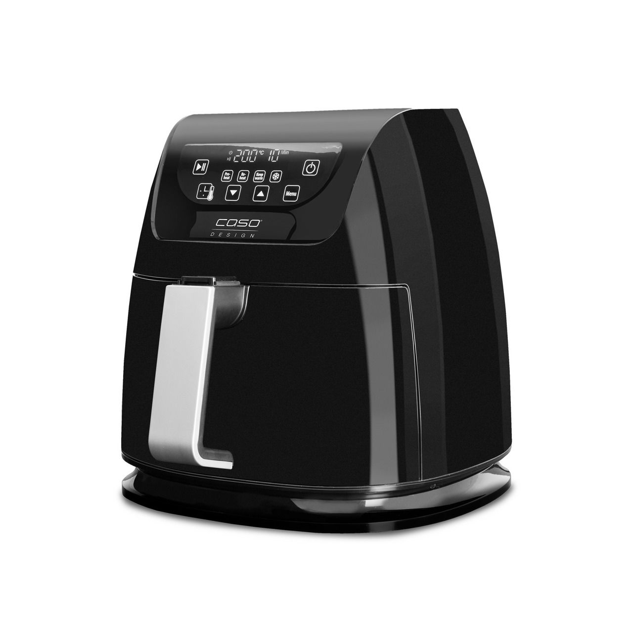 Schwarze Heißluftfritteuse mit digitalem Display und silbernem Griff, seitliche Perspektive