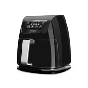 Schwarze Heißluftfritteuse mit digitalem Display und silbernem Griff, seitliche Perspektive